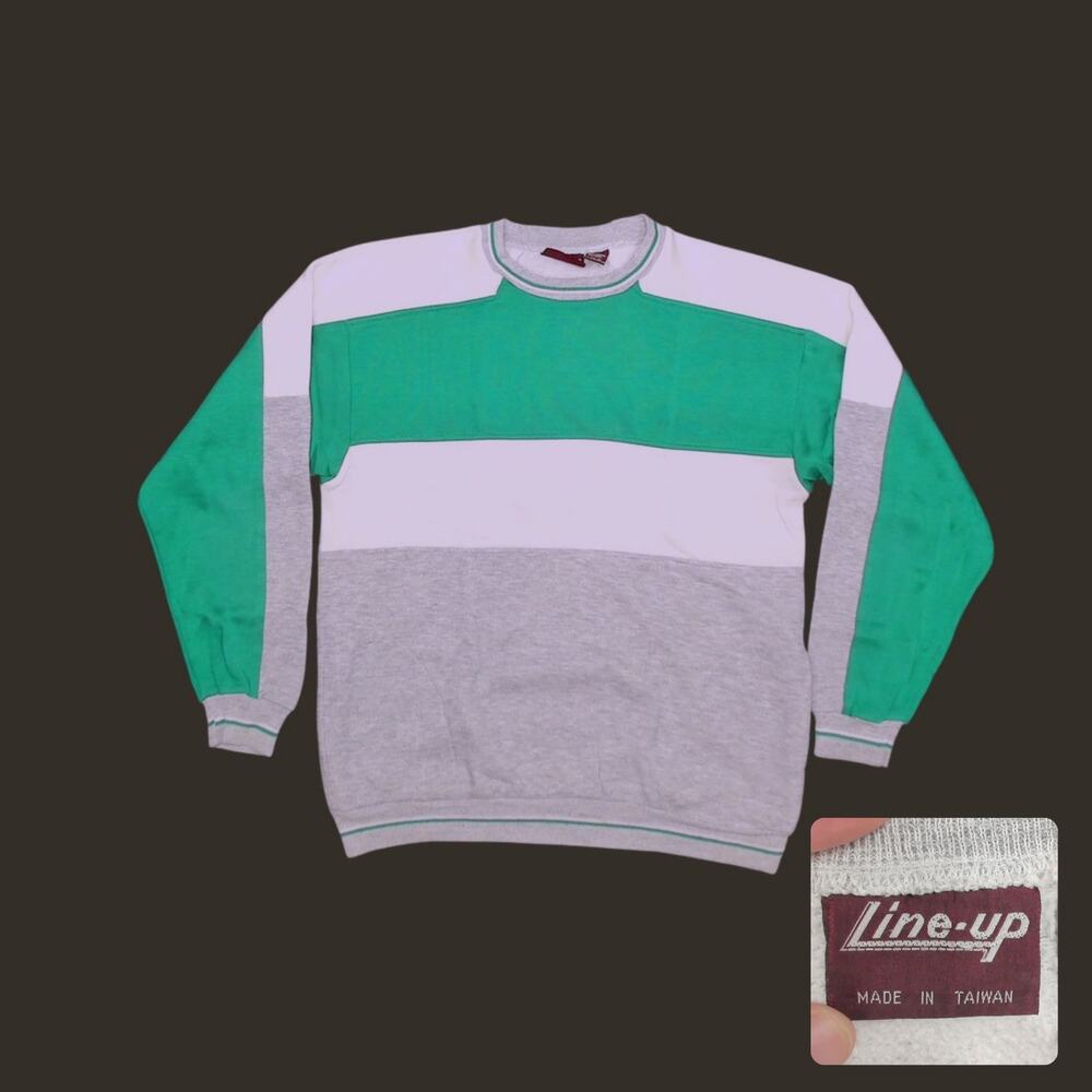 Vintage 80s Line-up Raglan Colorblock Sweatshirt XL Pockets Teal Grey